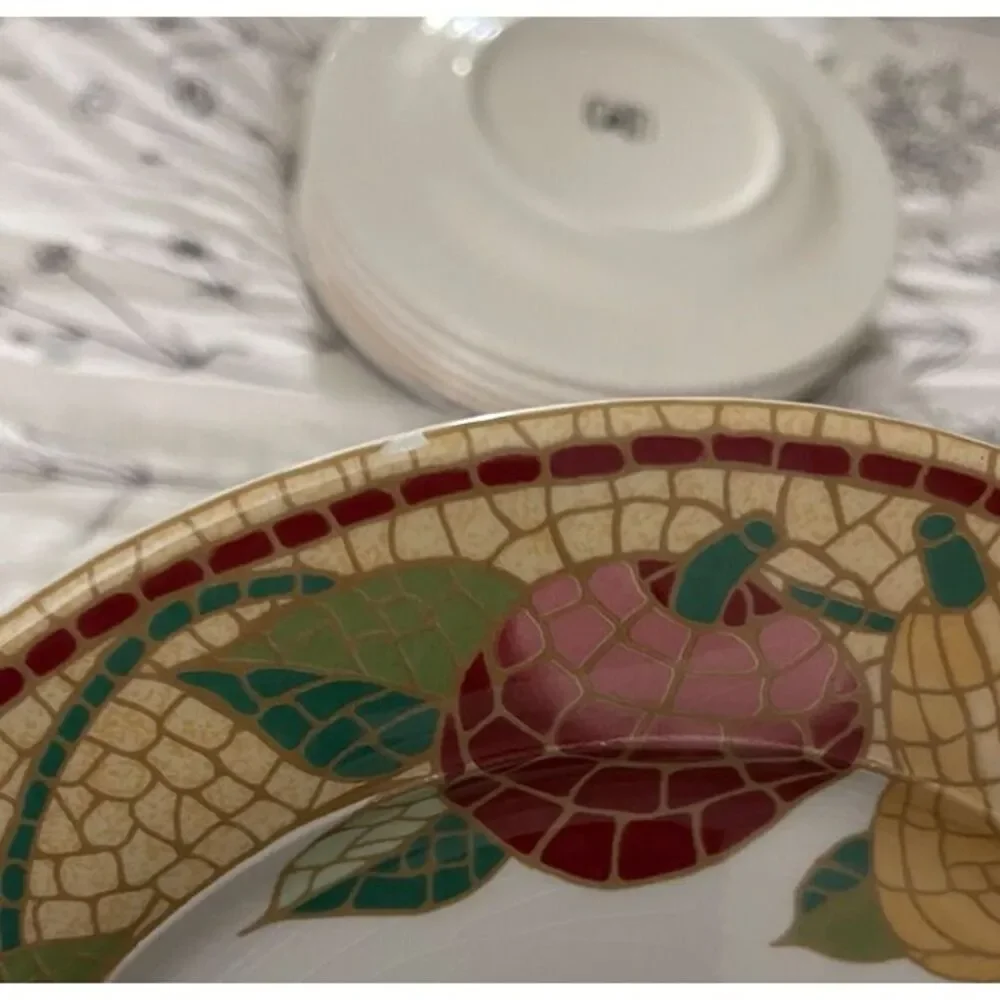 Pier 1 Fruit Mosaic Pattern Earthenware Dinner Plates Set Of 8 bold SEE PHOTOS